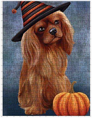 Happy Halloween Cavalier King Charles Spaniel Dog Wearing Witch Hat with Pumpkin Puzzle with Photo Tin