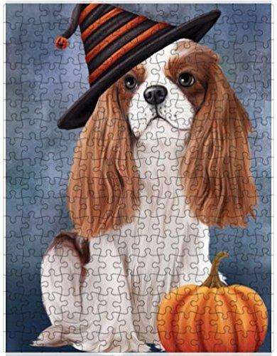 Happy Halloween Cavalier King Charles Spaniel Dog Wearing Witch Hat with Pumpkin Puzzle with Photo Tin