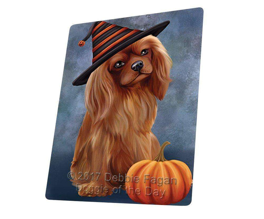 Happy Halloween Cavalier King Charles Spaniel Dog Wearing Witch Hat with Pumpkin Tempered Cutting Board