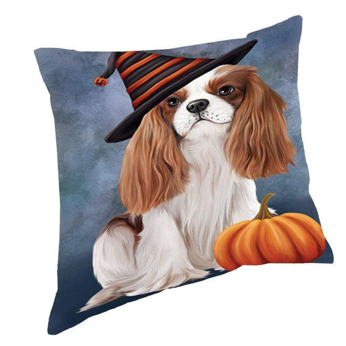 Happy Halloween Cavalier King Charles Spaniel Dog Wearing Witch Hat with Pumpkin Throw Pillow