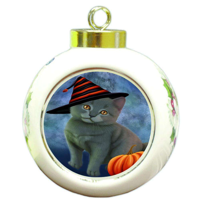 Happy Halloween Chartreux Cat Wearing Witch Hat with Pumpkin Round Ball Christmas Ornament RBPOR55009