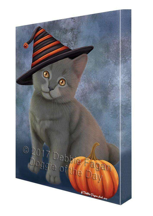 Happy Halloween Chartreux Kitten Cat Wearing Witch Hat with Pumpkin Canvas Wall Art