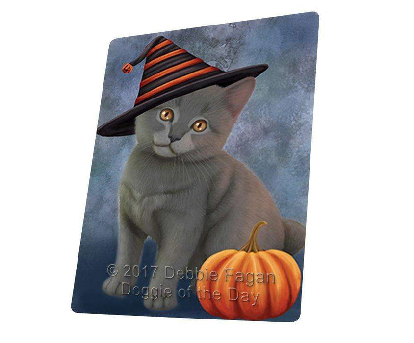 Happy Halloween Chartreux Kitten Cat Wearing Witch Hat with Pumpkin Tempered Cutting Board