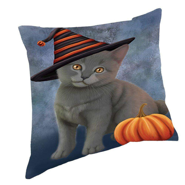 Happy Halloween Chartreux Kitten Cat Wearing Witch Hat with Pumpkin Throw Pillow