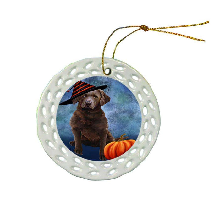 Happy Halloween Chesapeake Bay Retriever Dog Wearing Witch Hat with Pumpkin Ceramic Doily Ornament DPOR55051