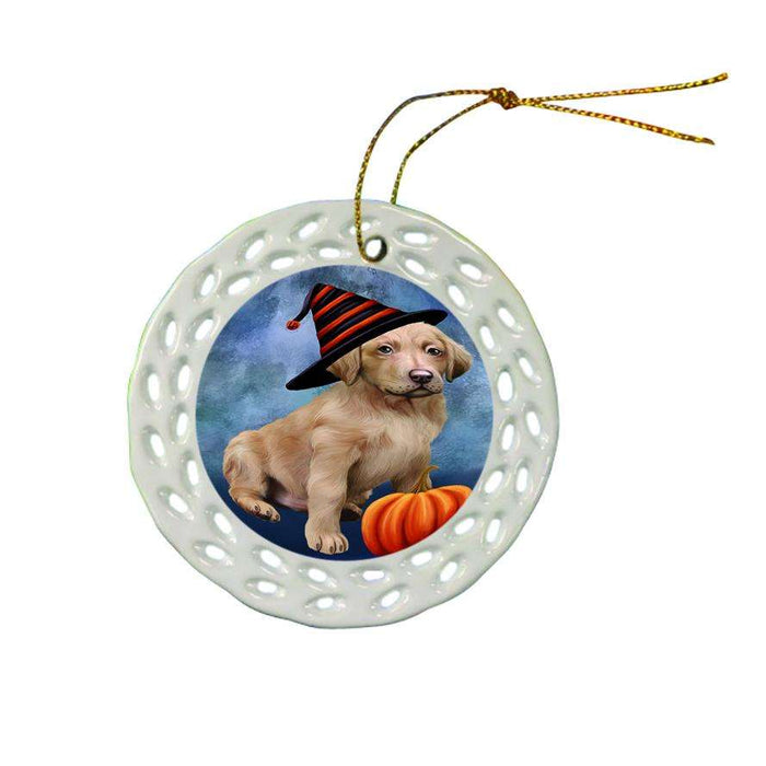 Happy Halloween Chesapeake Bay Retriever Dog Wearing Witch Hat with Pumpkin Ceramic Doily Ornament DPOR55052