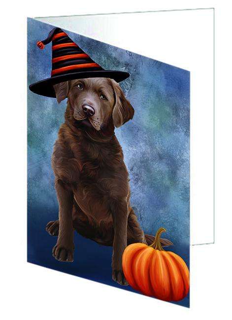 Happy Halloween Chesapeake Bay Retriever Dog Wearing Witch Hat with Pumpkin Handmade Artwork Assorted Pets Greeting Cards and Note Cards with Envelopes for All Occasions and Holiday Seasons GCD68798