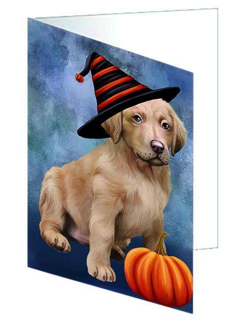 Happy Halloween Chesapeake Bay Retriever Dog Wearing Witch Hat with Pumpkin Handmade Artwork Assorted Pets Greeting Cards and Note Cards with Envelopes for All Occasions and Holiday Seasons GCD68801