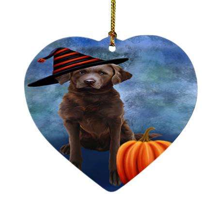 Happy Halloween Chesapeake Bay Retriever Dog Wearing Witch Hat with Pumpkin Heart Christmas Ornament HPOR55051