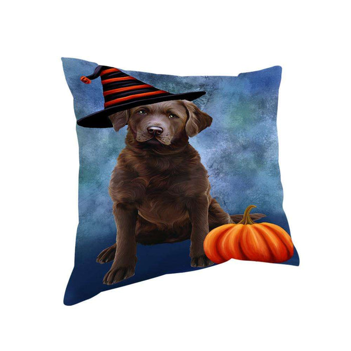 Happy Halloween Chesapeake Bay Retriever Dog Wearing Witch Hat with Pumpkin Pillow PIL76316