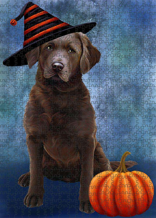 Happy Halloween Chesapeake Bay Retriever Dog Wearing Witch Hat with Pumpkin Puzzle with Photo Tin PUZL87124