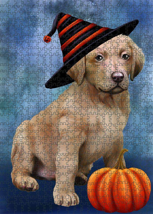 Happy Halloween Chesapeake Bay Retriever Dog Wearing Witch Hat with Pumpkin Puzzle with Photo Tin PUZL87128