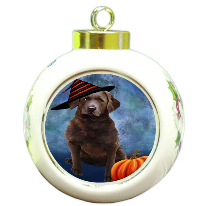 Happy Halloween Chesapeake Bay Retriever Dog Wearing Witch Hat with Pumpkin Round Ball Christmas Ornament RBPOR55051