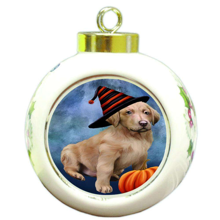 Happy Halloween Chesapeake Bay Retriever Dog Wearing Witch Hat with Pumpkin Round Ball Christmas Ornament RBPOR55052
