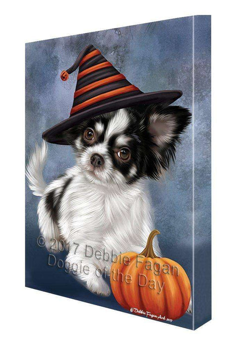 Happy Halloween Chihuahua Dog Wearing Witch Hat with Pumpkin Canvas Wall Art