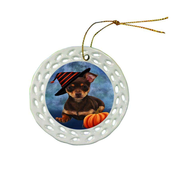 Happy Halloween Chihuahua Dog Wearing Witch Hat with Pumpkin Ceramic Doily Ornament DPOR55010