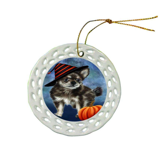 Happy Halloween Chihuahua Dog Wearing Witch Hat with Pumpkin Ceramic Doily Ornament DPOR55011