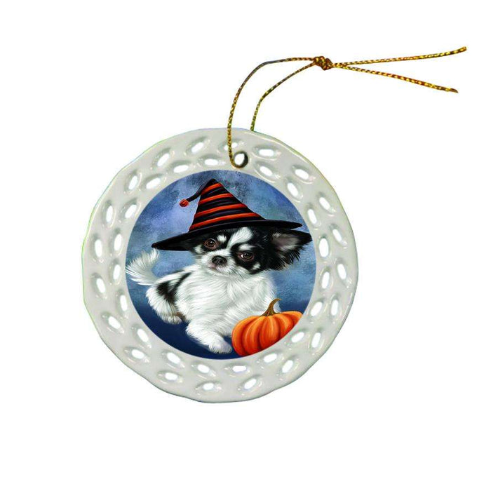 Happy Halloween Chihuahua Dog Wearing Witch Hat with Pumpkin Ceramic Doily Ornament DPOR55012