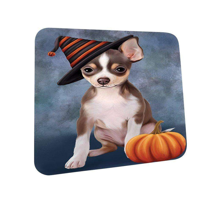 Happy Halloween Chihuahua Dog Wearing Witch Hat with Pumpkin Coasters Set of 4