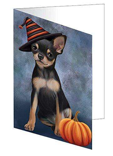 Happy Halloween Chihuahua Dog Wearing Witch Hat with Pumpkin Handmade Artwork Assorted Pets Greeting Cards and Note Cards with Envelopes for All Occasions and Holiday Seasons