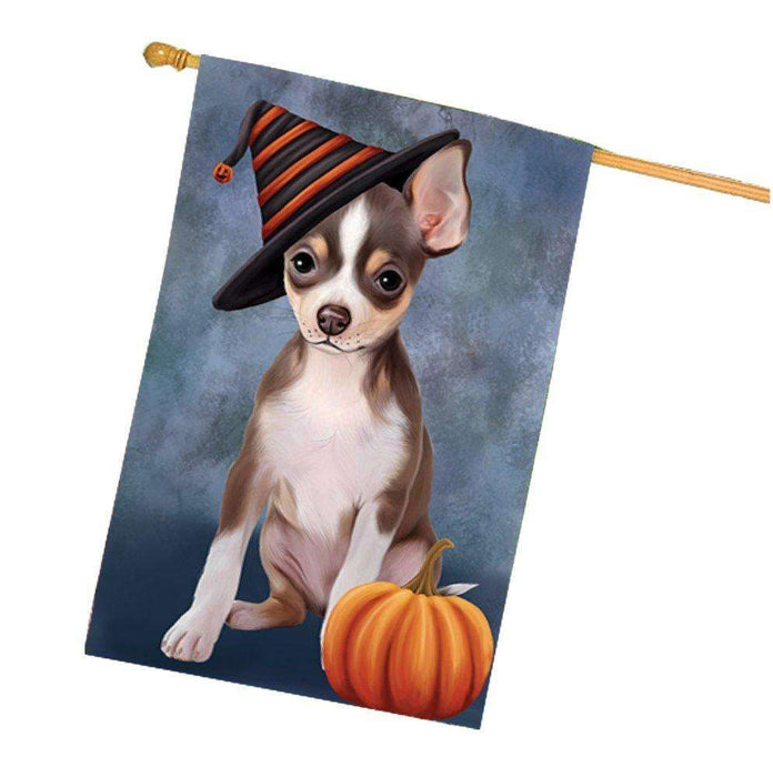 Happy Halloween Chihuahua Dog Wearing Witch Hat with Pumpkin House Flag