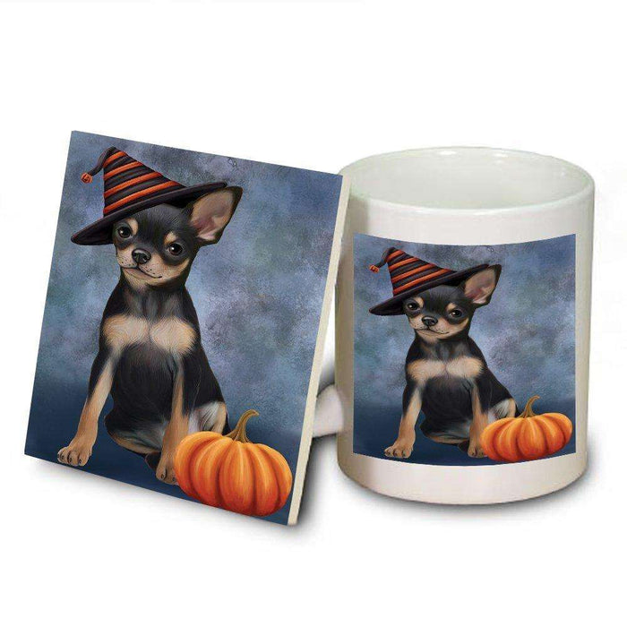 Happy Halloween Chihuahua Dog Wearing Witch Hat with Pumpkin Mug and Coaster Set