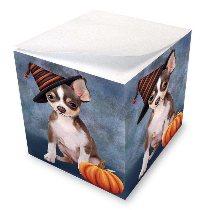 Happy Halloween Chihuahua Dog Wearing Witch Hat with Pumpkin Note Cube