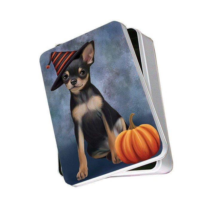 Happy Halloween Chihuahua Dog Wearing Witch Hat with Pumpkin Photo Storage Tin