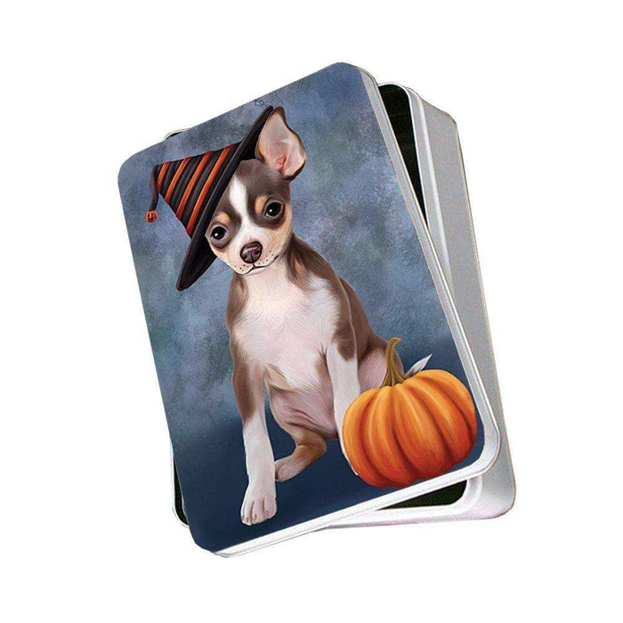 Happy Halloween Chihuahua Dog Wearing Witch Hat with Pumpkin Photo Storage Tin