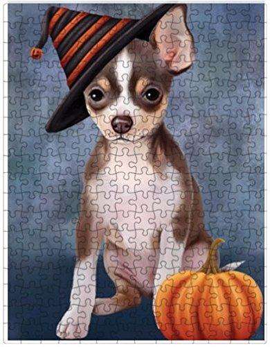 Happy Halloween Chihuahua Dog Wearing Witch Hat with Pumpkin Puzzle with Photo Tin