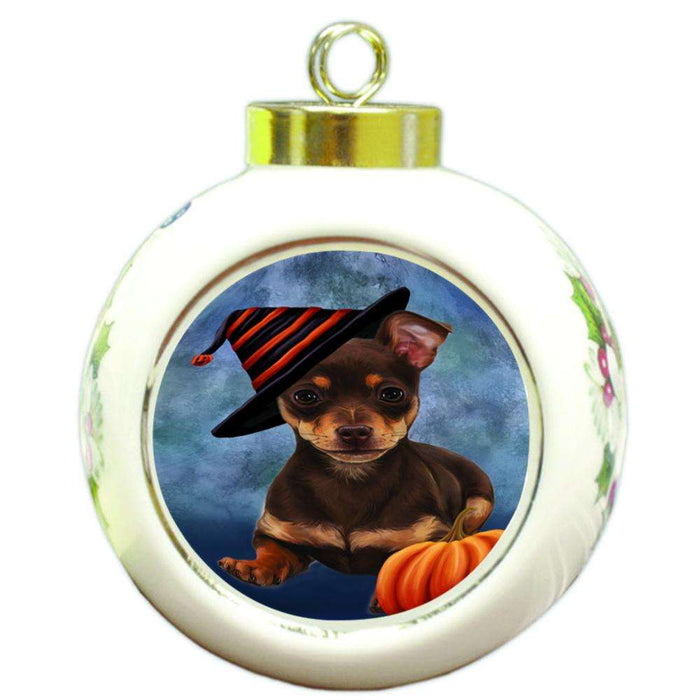 Happy Halloween Chihuahua Dog Wearing Witch Hat with Pumpkin Round Ball Christmas Ornament RBPOR55010
