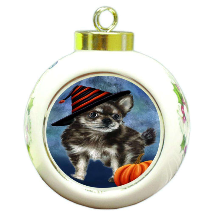Happy Halloween Chihuahua Dog Wearing Witch Hat with Pumpkin Round Ball Christmas Ornament RBPOR55011