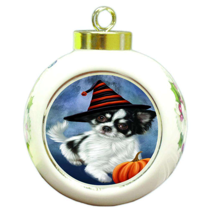 Happy Halloween Chihuahua Dog Wearing Witch Hat with Pumpkin Round Ball Christmas Ornament RBPOR55012