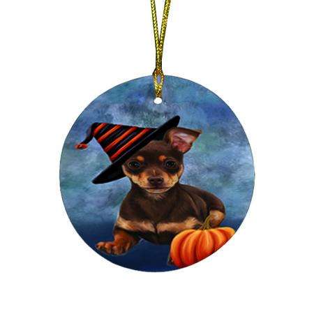 Happy Halloween Chihuahua Dog Wearing Witch Hat with Pumpkin Round Flat Christmas Ornament RFPOR55001