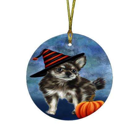 Happy Halloween Chihuahua Dog Wearing Witch Hat with Pumpkin Round Flat Christmas Ornament RFPOR55002