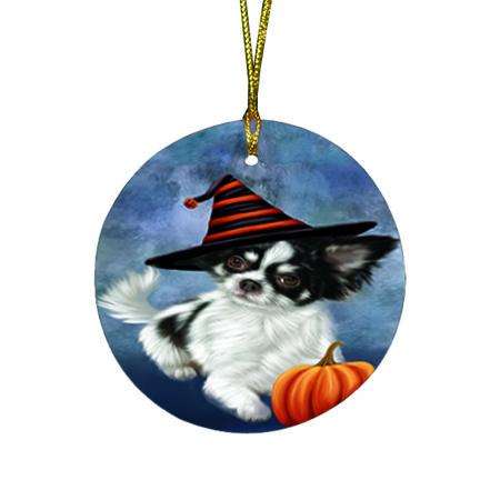 Happy Halloween Chihuahua Dog Wearing Witch Hat with Pumpkin Round Flat Christmas Ornament RFPOR55003
