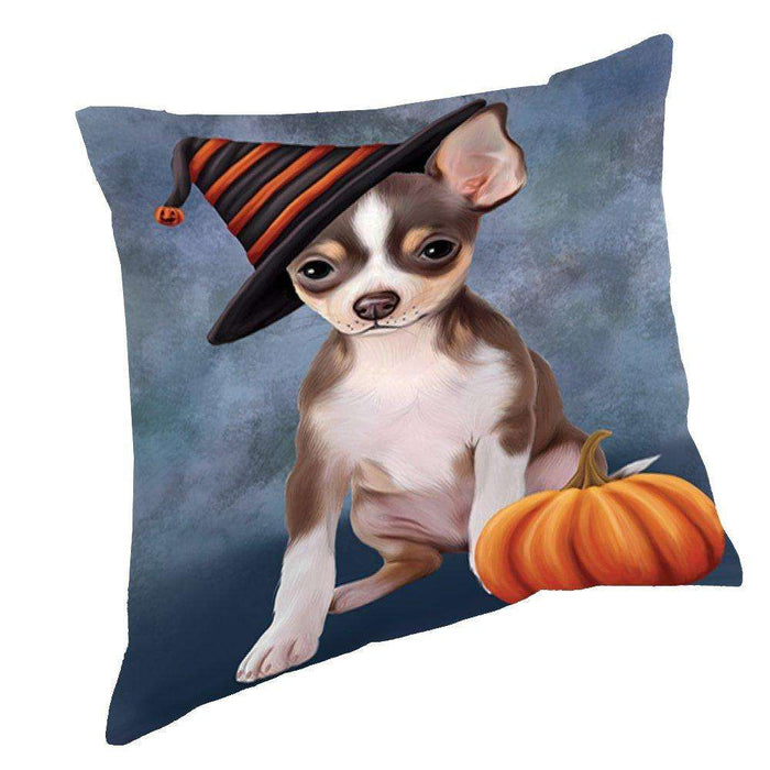Happy Halloween Chihuahua Dog Wearing Witch Hat with Pumpkin Throw Pillow