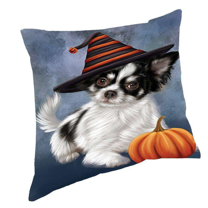 Happy Halloween Chihuahua Dog Wearing Witch Hat with Pumpkin Throw Pillow