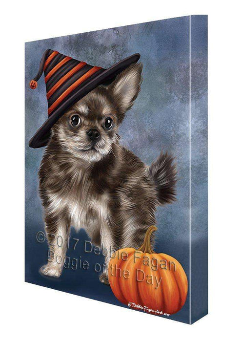 Happy Halloween Chihuahua Puppy Dog Wearing Witch Hat with Pumpkin Canvas Wall Art