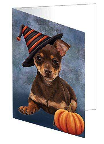 Happy Halloween Chihuahua Puppy Dog Wearing Witch Hat with Pumpkin Handmade Artwork Assorted Pets Greeting Cards and Note Cards with Envelopes for All Occasions and Holiday Seasons