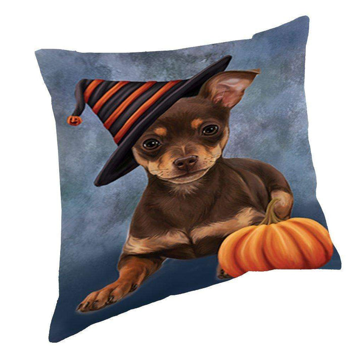 Happy Halloween Chihuahua Puppy Dog Wearing Witch Hat with Pumpkin Throw Pillow