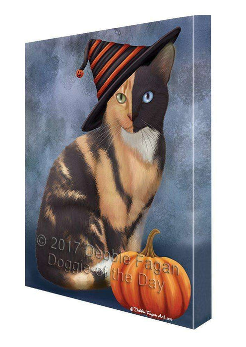Happy Halloween Chimera Cat Wearing Witch Hat with Pumpkin Canvas Wall Art