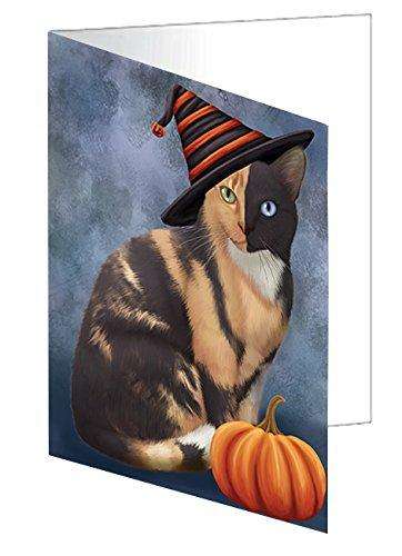 Happy Halloween Chimera Cat Wearing Witch Hat with Pumpkin Handmade Artwork Assorted Pets Greeting Cards and Note Cards with Envelopes for All Occasions and Holiday Seasons