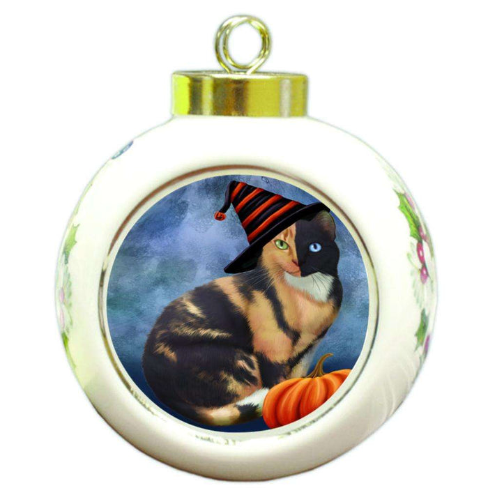 Happy Halloween Chimera Cat Wearing Witch Hat with Pumpkin Round Ball Christmas Ornament RBPOR55013