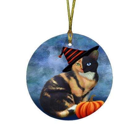 Happy Halloween Chimera Cat Wearing Witch Hat with Pumpkin Round Flat Christmas Ornament RFPOR55004