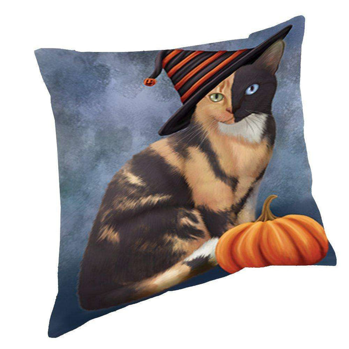 Happy Halloween Chimera Cat Wearing Witch Hat with Pumpkin Throw Pillow