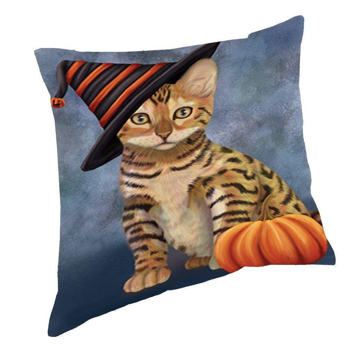 Happy Halloween Chinese Li Hua Kitten Cat Wearing Witch Hat with Pumpkin Throw Pillow