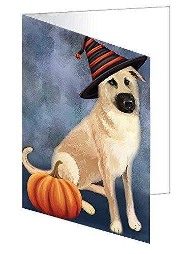 Happy Halloween Chinook Dog Wearing Witch Hat with Pumpkin Handmade Artwork Assorted Pets Greeting Cards and Note Cards with Envelopes for All Occasions and Holiday Seasons