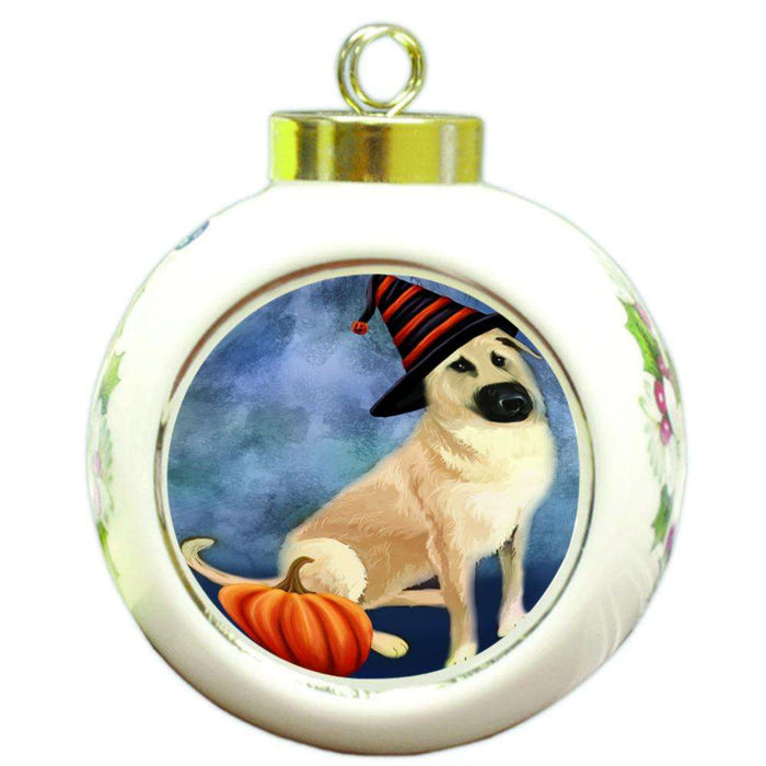 Happy Halloween Chinook Dog Wearing Witch Hat with Pumpkin Round Ball Christmas Ornament RBPOR55014