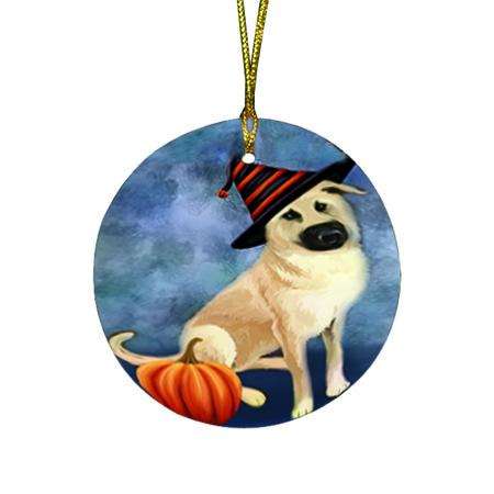 Happy Halloween Chinook Dog Wearing Witch Hat with Pumpkin Round Flat Christmas Ornament RFPOR55005